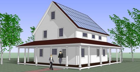 This 1700-sq.-ft. net-zero-energy kit home is manufactured by Vantem Panels of Brattleboro, Vt. The model shown here, called The Sharon, measures 28 ft. by 32 ft. and has three bedrooms and 2-1/2 bathrooms.Click To Enlarge Net Zero House Plans, Zero Energy House, Passive Solar Homes, Structural Insulated Panels, Zero Energy, Insulated Panels, Net Zero, Photovoltaic Panels, Architecture Model Making