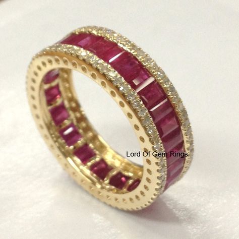 Emerald Cut Pink Sapphire Wedding Band Eternity Anniversary Ring 14K Yellow Gold - Lord of Gem Rings - 1 Pink Sapphire Wedding Band, Birthstone Band, Ruby Wedding Band, Micro Pave Ring, Pink Sapphire Ring Engagement, Ruby Bands, Ruby Rings, Sapphire Wedding Band, Ruby Wedding