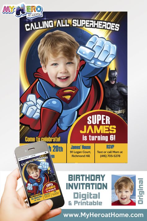 Turn your boy into Superman for his custom Superman Birthday Invitation. Superman theme birthday. Superman Party Invitation. Superman Photo Invitation. Invitacion personalizada de Superman. Superman Virtual Birthday. Superman Drive By Also in www.myheroathome.com #SupermanBirthday #SupermanParty #SupermanInvitation #SupermanDecor #SuperheroesParty #Superman1stInvitation #Superman1stParty #BabySuperman #SuperbabyInvitation ‪#‎myheroathome‬ Superman Themed Birthday Party, Superman Theme Birthday, Superman Template, Birthday Superman, Superman Invitations, Jump Party Invitations, Superman Theme, Neon Party Invitations, Cowboy Party Invitations