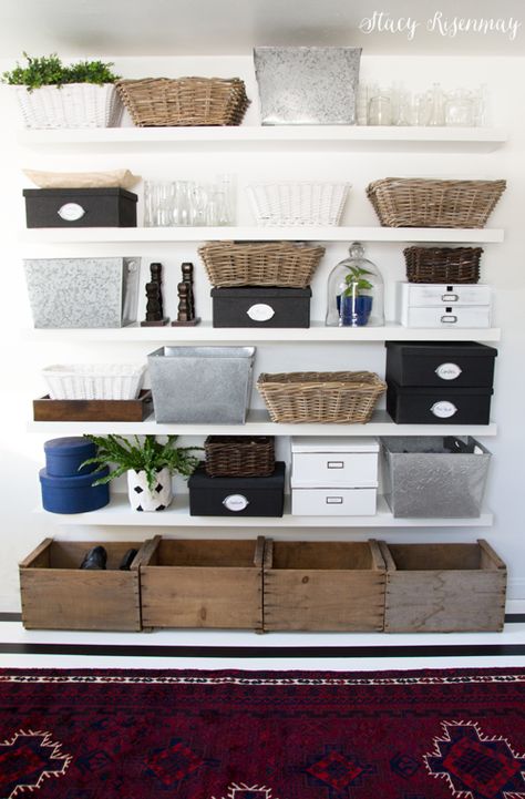 shelves organized with baskets and bins Small House Tour, Organizing With Baskets, Affordable Storage, Home Storage Solutions, Craft Room Office, Trendy Home, Home Office Organization, Linen Closet, Kid Spaces