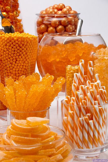 Orange Candy Buffet, Orange Birthday Parties, Orange Birthday, Halloween Entertaining, Orange Baby Shower, Candy Display, Orange Party, Orange Candy, Reception Food