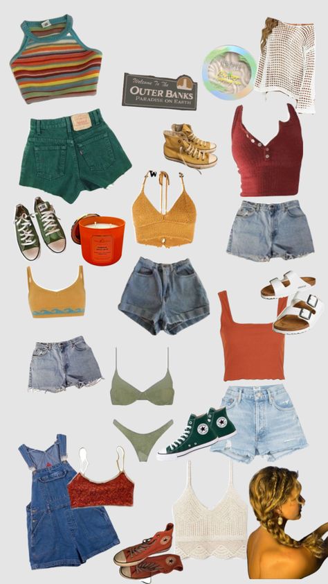 Out Banks Outfits, Beach Outfit School, Spring Beach Outfits Casual, Pouge Life Inspired Outfits, Beachy Boho Aesthetic Outfits, Outerbanks Aethstetic Outfit, Cute Beachy Clothes, 80s Summer Camp Aesthetic Outfits, Beachy Aesthetic Clothes