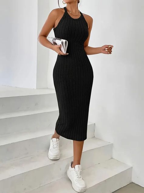 Solid Halter Neck Slim Dress Elegant Sleeveless Bodycon - Temu