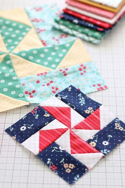 How to make a pinwheel quilt block a free block tutorial in 6 and 12 finished sizes Patriotic Quilt Blocks Free Pattern, 4 Inch Quilt Blocks Free Pattern, 6 Inch Quilt Block Patterns, 5 Inch Quilt Blocks, Patriotic Sewing, Pinwheel Blocks, Pinwheel Quilt Pattern, Pinwheel Quilt Block, Diary Of A Quilter