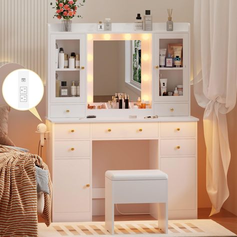 Vanity With Makeup Area, White Vanity Mirror, White Vanity Table, Vanity Desk With Mirror, Desk With Mirror, Makeup Vanity Table, Vanity Mirror With Lights, Bedroom Stuff, Mirrored Vanity Desk