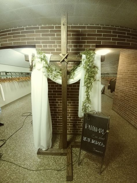 Church cross decorations and standing at 8 feet tall and rustic look Cross Decorations, Rustic Wood Cross, Church Office, Wedding Cross, Church Stage, Wood Cross, Crosses Decor, Wood Crosses, Wooden Cross