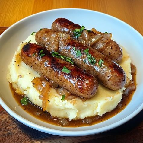 Lily's Bites Creamy Mash, With Mashed Potatoes, Onion Gravy, Turkey Sausage, Creamy Mashed Potatoes, Sausages, Gravy, Mashed Potatoes