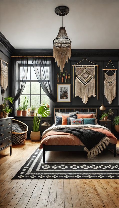 21 Stunning Black Bedroom Decor Ideas That Will Make You Want to Redecorate ASAP 🖤✨ Black Accent Wall Bedroom Canopy Bed, Bedroom Ideas Gothic Beautiful, Black Cottage Bedroom, Black Wall Bedroom Boho, Cozy Black And White Bedroom, Black Bedroom With Plants, Black Wall In Bedroom, Black Bed Bedroom, Black Bed Frame Decor