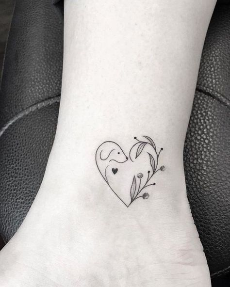 Minimalist dog and heart tattoo. #ink #tattoo #minimalist #dog #tattooart #heart Small Dog Tattoos, Dog Memorial Tattoos, Pawprint Tattoo, Petit Tattoo, Shape Tattoo, Cat Tattoos, Disney Tattoo, Initial Tattoo, Small Wrist Tattoos