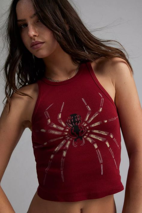 Gracie Spider Graphic Crop Tank Top | Urban Outfitters Really Cropped Top, Spider Clothes, Funky Tops, Spider Fashion, Funky Sweaters, Graphic Crop Tops, Spider Graphic, Closet Refresh, Athletic Tops Women