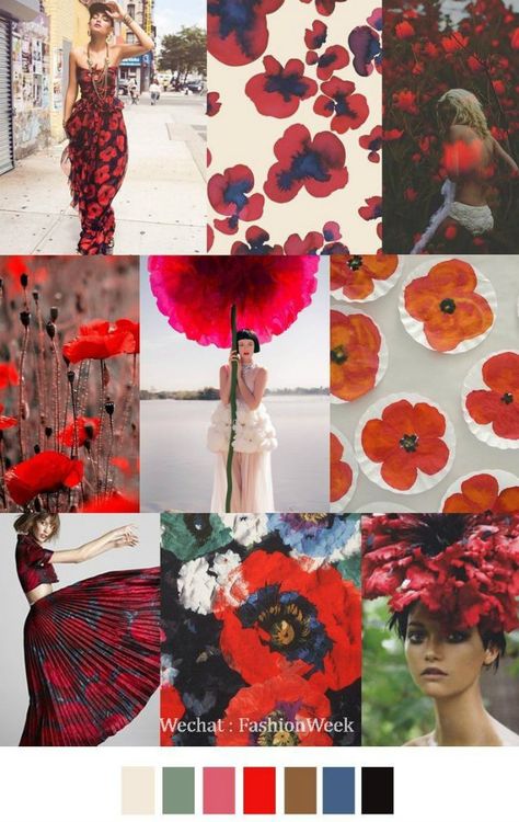 Mood Board: Summer Flower Color Inspiration, More at: http://www.brabbu.com/en/inspiration-and-ideas/moodboard/mood-board-summer-flower-color-inspiration #MoodBoardIdeas #MoodBoardDesign #MoodBoardFashion Pattern Curator, Fashion Forecasting, 2017 Fashion Trends, Poppy Field, Color Stories, Angkor, Pantone Color, Womens Fashion Trends, Colorful Fashion