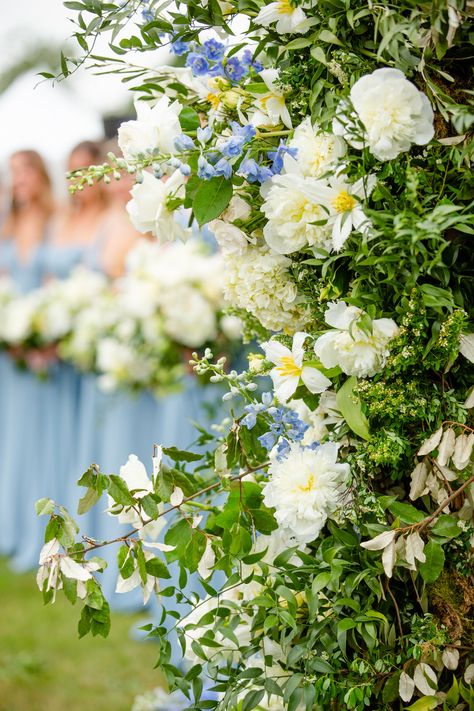 Alli and Cam – hana floral design weddings and events Deconstructed Arch, Arch Greenery, Wedding Floral Arch, Blue Yellow Weddings, Wedding Arbour, Blue Florals, Newport Ri, Yellow Wedding, Floral Arch