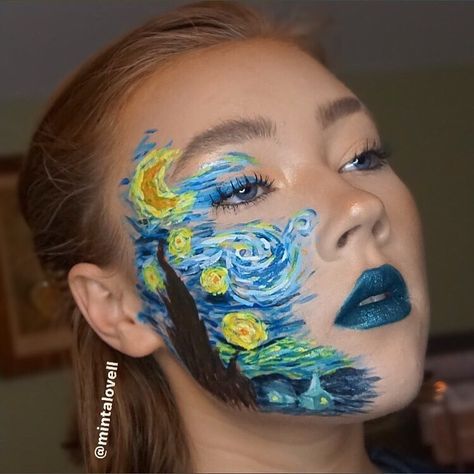 Van Gogh Costume Women, Van Gogh Starry Night Makeup, Starry Night Halloween Costume, Starry Night Face Paint, Painting Makeup Art, Starry Night Makeup Look, Face Paint Halloween Costumes, Starry Night Costume, Van Gogh Makeup