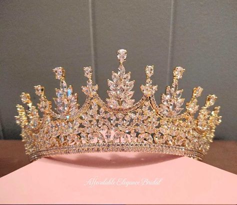 Gorgeous Gold Multi-Peak CZ Wedding and Quinceanera Tiara Quinceanera Crowns Gold, Crowns For Quinceanera, Pink Quince Theme, Sweet 16 Crowns, Quince Crown, Rose Gold Quince, Sweet 16 Tiara, Rose Gold Quinceanera, Gold Crowns