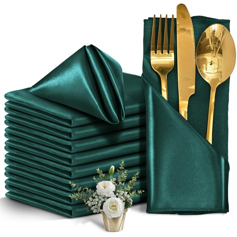 PRICES MAY VARY. ❤Classy and Elegant Dining Experience: Elevate your dining table with our satin napkins, adding a touch of class to any occasion. These elegant dinner napkins are designed to uplift your dining experience and create a sophisticated atmosphere for your guests. With a pack of 12 napkins, you can accommodate a large number of guests at once. ❤Versatile and Convenient Sizing: Our silky napkins feature appropriate dimensions of 17 x 17 inches, allowing you the flexibility to fold the Hunter Green And Ivory Wedding, Emerald Reception Decor, Napkin Table Decor, Forest Green Table Decor, Emerald Green And Gold Wedding Ideas, Emerald Green Wedding Reception Decor, Emerald Green Gold Wedding Decor, Emerald Green Engagement Party, Emerald And Gold Birthday Party