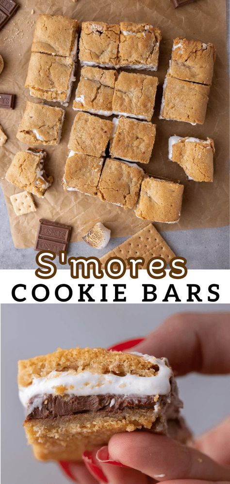 These delicious s'mores cookie bars are filled with delicious marshmallow creme and chocolate bars in the center. Baked Smores Bars, S’more Blondies, Six Sisters S’mores Bars, Smores Cookie Dough Bars, Cookie Delight Dessert, Best Smores Bars, S’more Cookie Bars Recipe, S’mores Bar Recipe, Easy S’mores Dessert