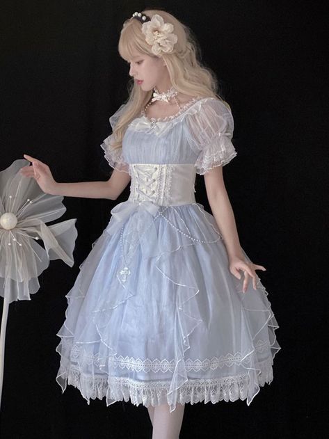 Sweet Lolita Dress Princess Bows Pearls Lace Short Sleeves Light Sky Blue Lolita Wedding Dress Princess Fairy Dress, Japanese Princess, Dress Fairy, Dress With Corset, Op Dress, High Waist Short, Aesthetic Dress, Marine Uniform, Light Blue Dresses