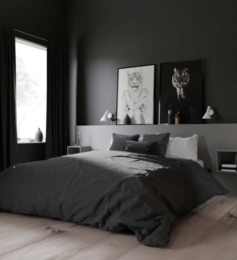 Black And Grey Bedroom, Black And White Bedroom, Mens Bedroom Decor, Black Bedroom Design, Black Bedroom Decor, Apartment Bedroom Decor, Bedroom Setup, Black Bedroom, Floor Bed