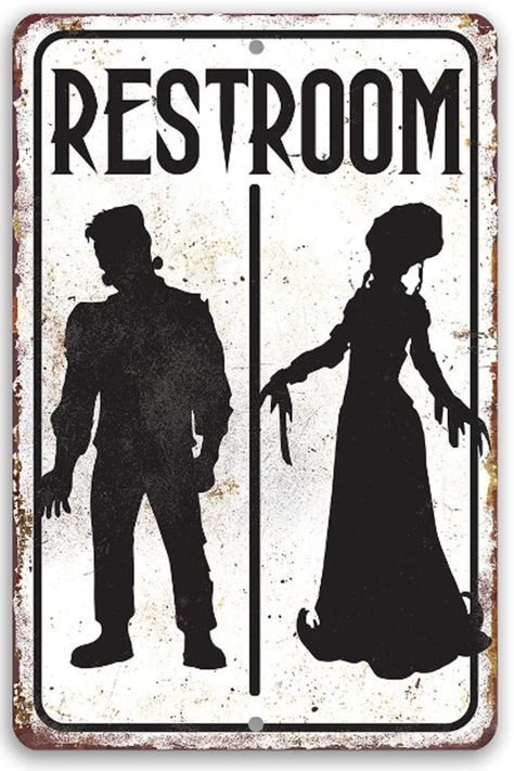 A bathroom decor for that Halloween party! lead the way with a fun decor! Vintage Signs Decor, Frankenstein Halloween Party, Halloween Bathroom Decor, Monster Decorations, Vintage Toilet, Washroom Accessories, Halloween Kitchen Decor, Halloween Party Decor Diy, Halloween Bathroom