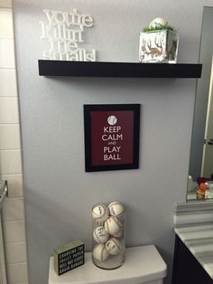 Baseball themed bathroom update Man Bathroom Decor, Baseball Bathroom Decor, Boy Bathroom Ideas, Baseball Bathroom, Sports Bathroom, Boys Bathroom Decor, Man Bathroom