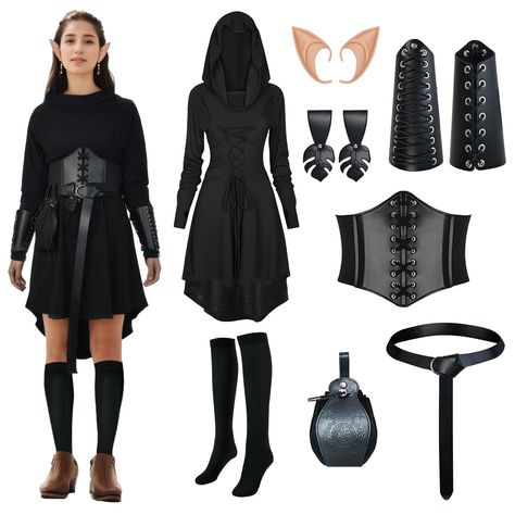 PRICES MAY VARY. Medieval Retro Costume Set: you will receive 1 black hooded robe costume, 1 black tight corset , 1 pair of elf ears, 1 pair of leather gauntlet wristbands, 1 PU leather belt, 1 drawstring pouch , 1 pair Skirt Clip ,and 1 pair of stockings, enough for your dress and cosplay party needs. Retro Style: showcasing the charm of the middle ages, the medieval cloak whose main material is polyester and spandex, features a high low hem, draped collar, lace up front and back, an oversized Medieval Elf, Medieval Cloak, Leather Gauntlet, Elf Dress, Retro Costume, Fairy Costume, Elf, Faux Leather, Pouch