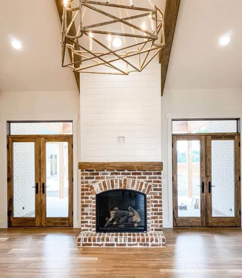 38 Modern Shiplap Fireplace Ideas to Suit Many Different Interior Styles Shiplap Fireplace With Brick, Light Wood Living Room, Modern Shiplap Fireplace, Brick And Shiplap, Different Interior Styles, Shiplap Fireplace Ideas, Light Gray Walls, Modern Shiplap, Red Brick Fireplace