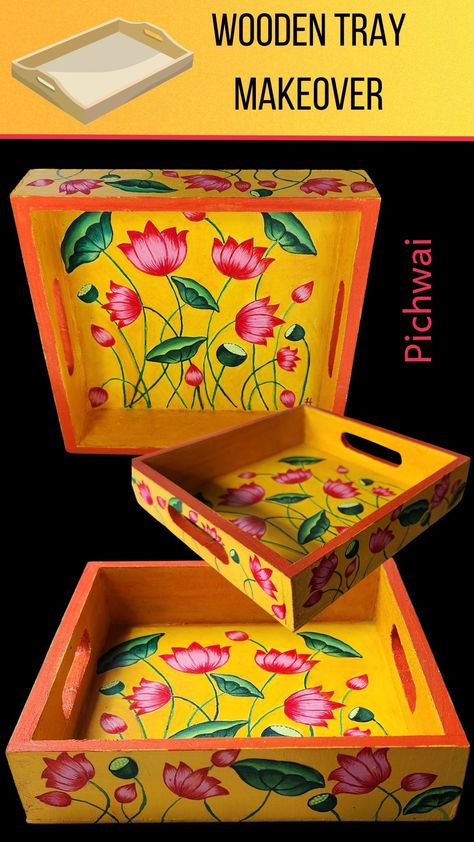 Lotus tray Painting Wooden Trays Ideas, Madhubani Tray Painting, Wooden Tray Makeover, Hand Painted Trays Ideas, Pichwai Hanging, Wood Tray Painting Ideas, Pichwai Paintings Lotus, Wooden Tray Painting Ideas, Painted Trays Ideas