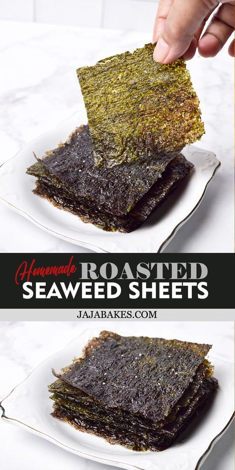 Diy Seaweed Snacks, Crispy Seaweed Recipes, Roasted Seaweed Recipes, Seaweed Seasoning, Seaweed Snacks Recipes, Healthy Salty Snacks, Sushi Seaweed, Seaweed Chips, Roasted Seaweed