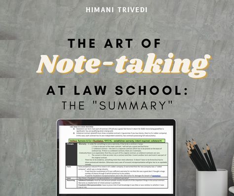 Success in law school is a four step process; doing your readings, taking notes, organizing those notes, and then studying them in preparation for the exam.

This week in Himani’s latest article she discusses how to organize and summarize your notes using the “summary” method.

To learn about the art of note-taking in law school check out Himani’s latest article! Law School Organization, Law School Preparation, Law School Prep, Law Notes, Law School Life, Law School Inspiration, Study Planner Printable, Study Apps, School Essay