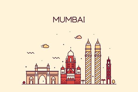 Mumbai Skyline, India Vector Illustration AI, EPS Mumbai Skyline, Skyline Drawing, Eiffel Tower Painting, Indian Illustration, Mumbai City, City Icon, City Drawing, City Illustration, Skyline Art