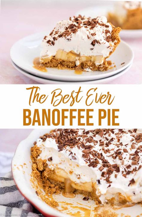 English Pie, Easy Banoffee Pie, Vegan Banoffee Pie, Banoffee Pie Recipe, Biscuit Crust, English Desserts, Fresh Whipped Cream, Banana Pie, Banana Slices