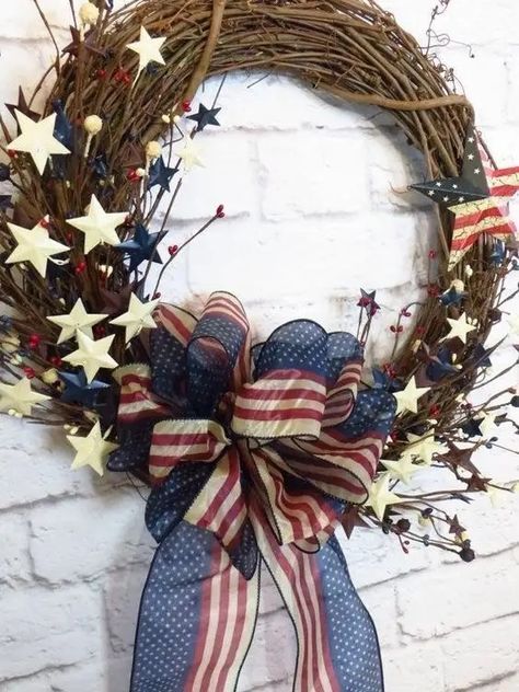 35+ Easy DIY Dollar Store Patriotic Wreath Ideas to Make for July 4th - HubPages Diy Mantle, Patriotic Wreaths, Blue Diy, Memorial Day Wreaths, Americana Wreath, 4th July Crafts, July Wreath, Fourth Of July Decor, July Decor