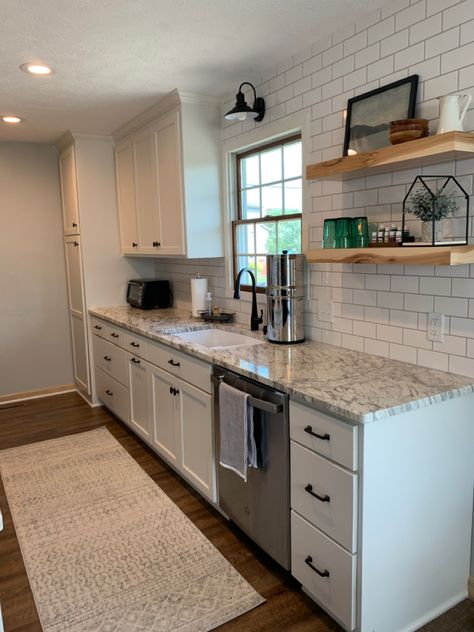 Open Shelves Galley Kitchen, Redo Small Kitchen Layout, Kitchen Ideas Long Layout, Small Rambler Kitchen Remodel, Galley Kitchen With White Cabinets, Small Galley Style Kitchen Ideas, Farmhouse Kitchen Galley, Small Galley Kitchen Ideas Narrow Open Shelving, Small Kitchen Remodel Galley Layout