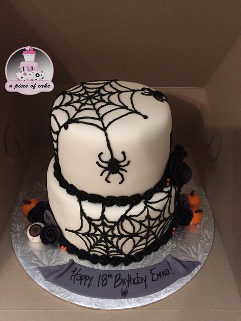 Halloween Cake 2 Tier, 2 Tier Halloween Cake, Wednesday Addams Cake Ideas, Goth Graduation, Holloween Cake, Spider Web Cake, Halloween Birthday Cake, Pasteles Halloween, Moms 60th