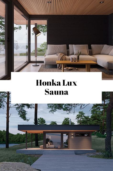 The sauna in the Honka Lux collection continues the bold, modern style envisioned by the designer Timo Äkräs. This sauna model settles beautifully into the landscape, partially owing to its large window surface, which reflects the surrounding nature. The 25-square-metre floor plan of the Lux sauna is especially compact and functional. Floor-to-ceiling landscape windows bring the lake or sea closer to the sauna experience. Nordic Sauna, Sauna Cabin, Modern Saunas, Summer Cabins, Sauna House, Future Buildings, Large Window, Roof Structure, Forest House