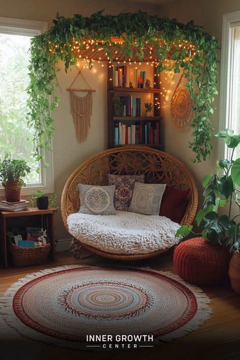 A cozy corner with a wicker chair, bookshelves, and hanging plants creates a serene reading nook. Nurture Your Soul, Spiritual Room, Cozy Reading Corners, Country Cottage Decor, Reading Nooks, Spiritual Decor, Colors And Patterns, Book Corners, Living Room Decor Cozy