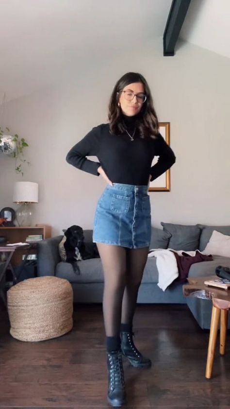 Grey Stockings Outfit, Blue Stockings Outfit, Grey Denim Skirt, Grey Outfits, Denim Blue Mini Skirt, Martens Outfit, Blue Denim Skirt, What Should I Wear, Grey Outfit