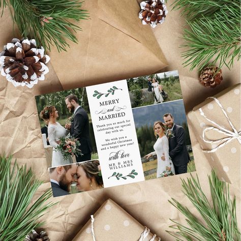 Christmas Card Wedding Thank You, Wedding Thank You Christmas Cards, Wedding Christmas Cards, Christmas Wedding Card, Wedding Christmas Card, Merry And Married, Christmas Wedding Themes, Wedding Collage, Christmas Mistletoe