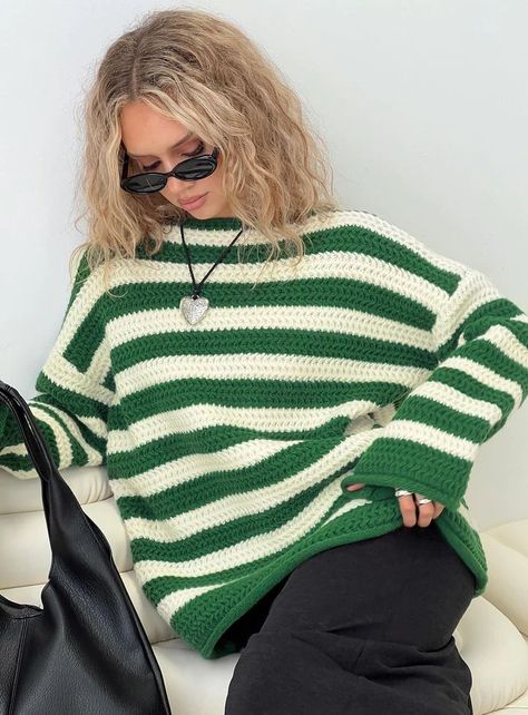 Brando Knit Sweater Green / Cream Stripe | Princess Polly US Chunky Knit Sweater, Fleece Dress, Outerwear Outfit, Knit Sweatshirt, Loungewear Sets, Chunky Knits Sweater, Casual Tank Tops, Green Cream, Buy Now Pay Later