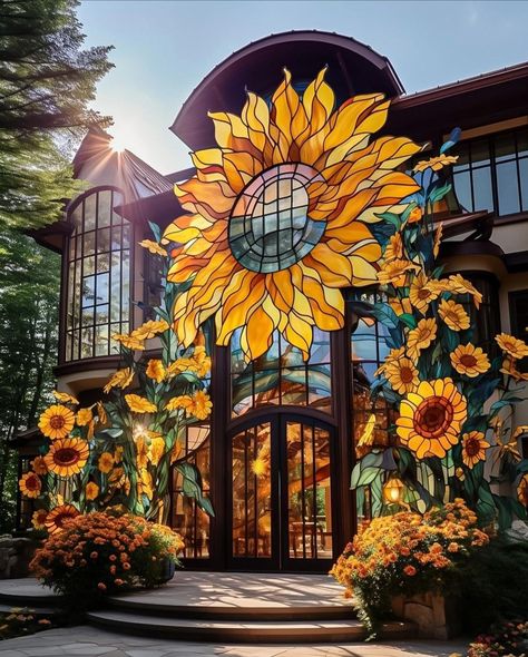 Sunflower Bedroom Aesthetic, Fairy Court, Sunflower Bedroom, Casa Fantasy, Sunflower House, Sunflower Home Decor, Concrete Path, Fantasy Homes, Sunflower Decor