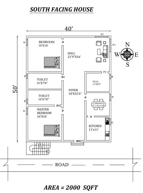 Autocad Drawing file shows 40'X50' 2bhk Awesome South facing House Plan As Per Vastu Shastra. The total buildup area of this house is 2000 sqft. The kitchen is in the southeast direction. Dining near the kitchen is in the east direction. The Hall Placed in the northeast direction. The master bedroom is available in the southwest direction with the attached toilet is in the west. The kid's bedroom is in the Northwest direction. A staircase is available in the southwest outside of the house. The c South Facing House Plans Vastu 2bhk, South Facing House Plans Vastu, 40x50 House Plans Layout, 2000sqft House Plans, Southwest House, Indian House Exterior Design, South Facing House, East Direction, Vastu House