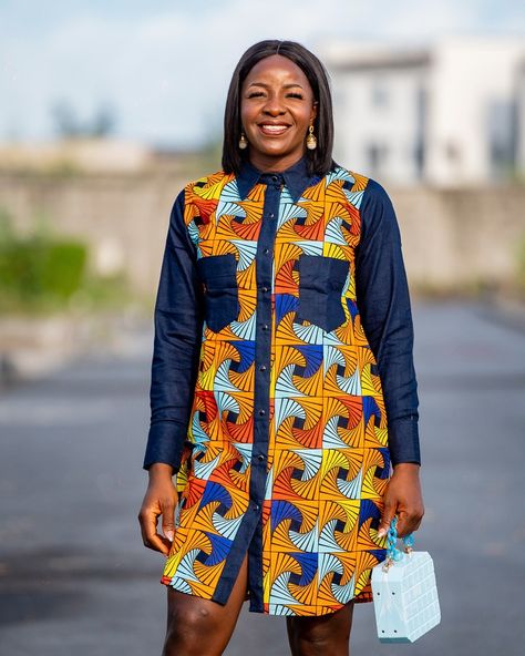 Bebeoku shirt dress (ankara & jean combo) is a classy dress. occasion: friday office wear, dates, casual events. high quality ankara and jean fabrics available in size 10 - size 18  care instruction: hand wash only iron on wrong side no bleach hang dry African Fabric Dress Classy, Friday Office Wear, Ankara And Jeans, Ankara Shirt Dress, Ankara Shirt, African Fabric Dress, Dress Ankara, African Print Dress Ankara, Ankara Dresses