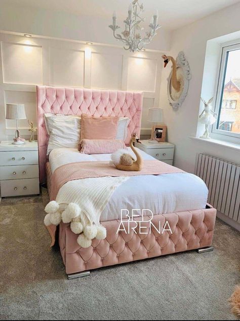 Light Pink Bed Frame, Bedroom Ideas For Medium Sized Rooms, King Single Bedroom Ideas, Pink Bed Frame Bedroom Ideas, Steel Bed Frame, Ottoman Storage Bed, Cosy Bedroom, Ottoman Storage, Apartment Diy