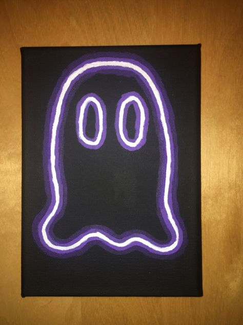 Tried a neon light ghost painting - acrylic Small Canvas Paintings Easy Halloween, Neon Ghost Painting, Halloween Painting Ideas On Canvas Easy Ghost, Acrylic Neon Painting, Easy Dark Paintings For Beginners, Neon Lights Painting, Glow In The Dark Painting Ideas Easy, Neon Painting Ideas Easy Trippy, Cute Easy Halloween Paintings