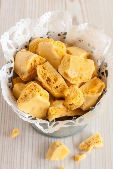 Honeycomb Toffee | Cinder Toffee Recipe Honey Comb Candy With Honey, Honey Comb Candy Sea Foam, Honeycomb Candy With Honey, Cinder Toffee Recipe Uk, Honey Comb Candy Recipes, Honey Comb Recipe Homemade, Honeycomb Recipe Easy, Honeycomb Candy Recipe, Angel Food Candy