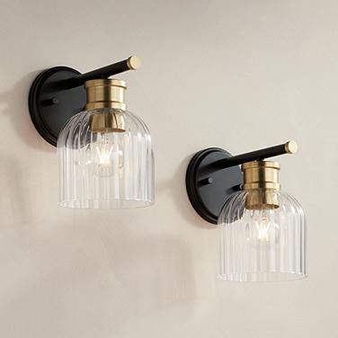 Stiffel Lana 9" High Black and Warm Brass Wall Sconce Set of 2 Brass Light Fixture Bathroom, Master Bath Lighting, Black Bathroom Light, Wall Lights Living Room, Sconces Living Room, Bathroom Sconces, Bathroom Wall Sconces, Bathroom Update, Modern Wall Sconces