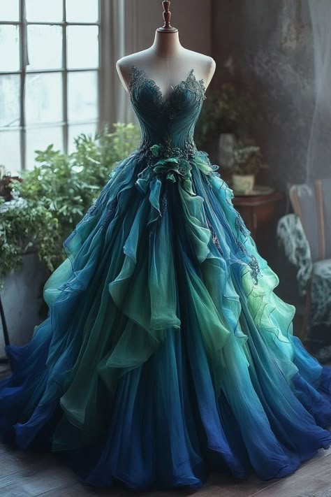 Prom Dresses Teal Blue, Ocean Fantasy Dress, Teal Wedding Dresses The Bride, Teal Wedding Dresses, Teal Wedding Dress, Teal Ball Gown, Fairytale Ball, Sunless Sea, Dreamy Gowns