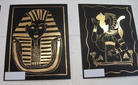 Gold Egyptian Art Project with Scratch Brite Portrait Art Lesson, Ancient Civilisations, Egypt Project, 2nd Grade Art, 6th Grade Art, 3rd Grade Art, Ancient Egypt Art, Scratch Art, Egypt Art