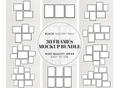 "Introducing the perfect addition to your digital art collection! This Digital Print Bundle features 30 stunning Black Frame Mockups, including Horizontal and Landscape Posters Frames. You can use these high-quality, JPG Digital Download frames to showcase your artwork, create a Gallery Wall Art, or add a touch of elegance to your home, office, or dorm decor. With these Printable Art frames, you can easily transform any space into a trendy and minimalist oasis. These Abstract and Modern frames a 5 Picture Frames On The Wall Layout, Gallery Wall With 4 Frames, Gallery Wall 7 Frames, 5 Frames On Wall Layout Same Size, Gallery Wall With 5x7 Photos, 4x6 Frames On Wall, 8x10 And 5x7 Photo Wall, Black Picture Frame Collage Wall, Gallery Wall With 7 Frames