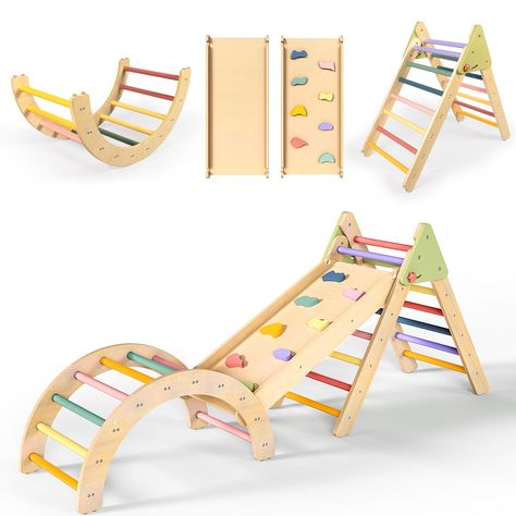 PRICES MAY VARY. TRANSFORMABLE PIKLER TRIANGLE SET: This wooden Montessori climbing set includes a triangle climber, a ramp, and an arch, which can be combined into 5 different configurations. The ramp can be used for sliding and climbing. The arch can be used for climbing and can also be inverted to serve as a cradle. Let your children climb, jump and explore infinitely! STURDY AND SAFE MATERIALS: Constructed from premium, child-friendly wood, our Pikler triangle is as solid as it gets. It's de Climbing Toys For Toddlers, Toddler Climbing Toys, Montessori Climbing, Climbing Tower, Toddler Climbing, Pikler Triangle, Play Structures, Toys For Toddlers, Climbing Gym